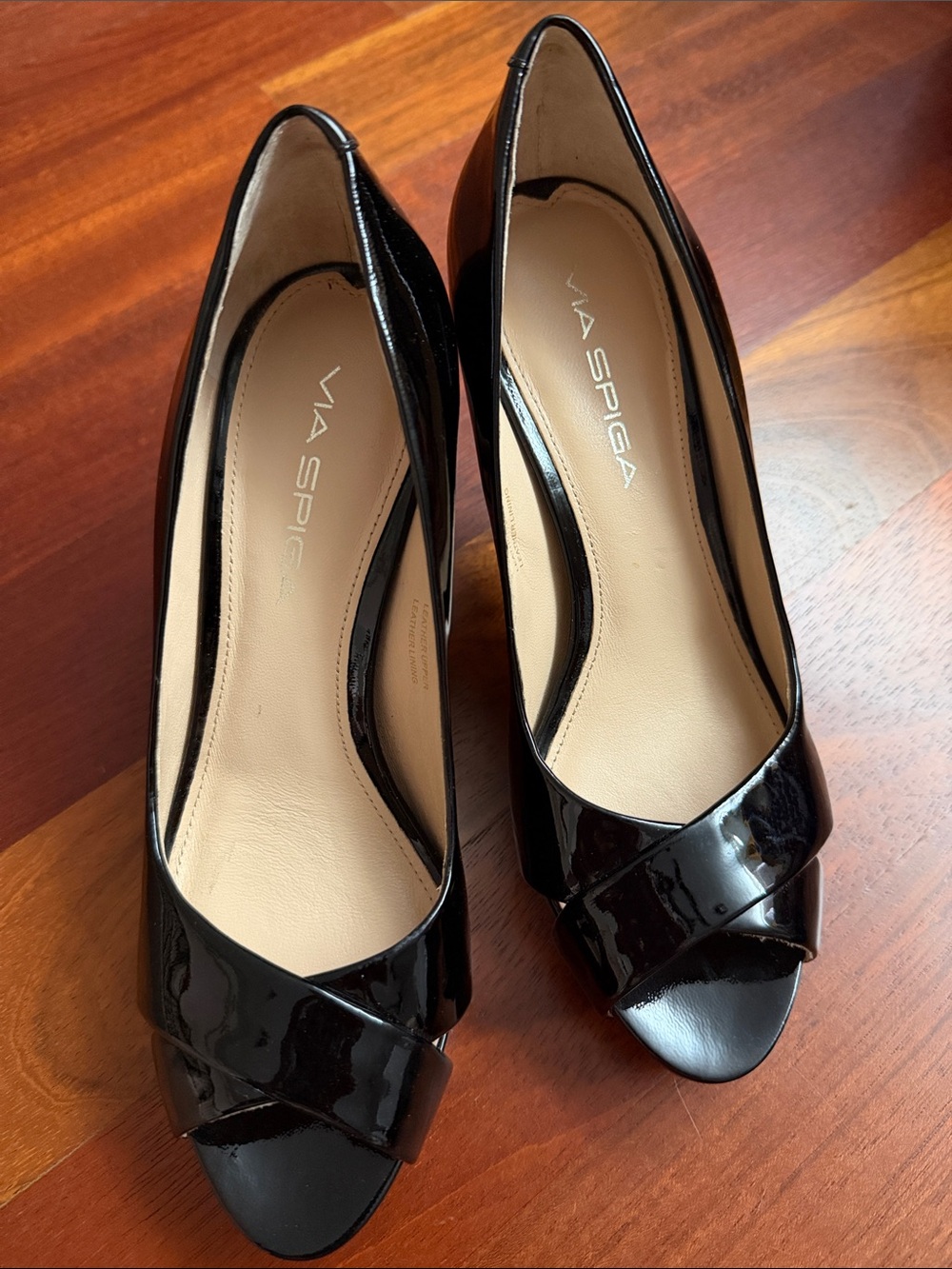 Via Spiga Black Patent Open-Toe Pumps